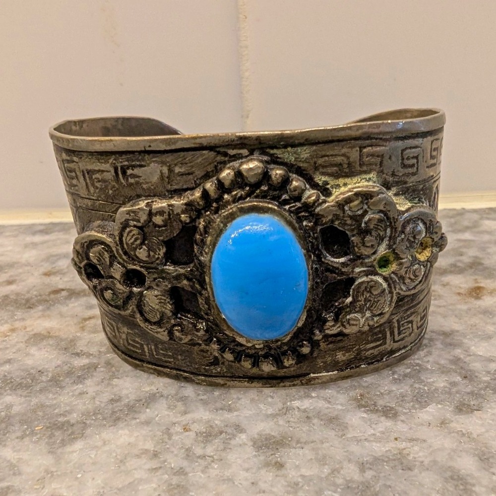 Vintage Made in India Silver Tone Cuff Bracelet Blue Cabochon Ornate Boho Ethnic